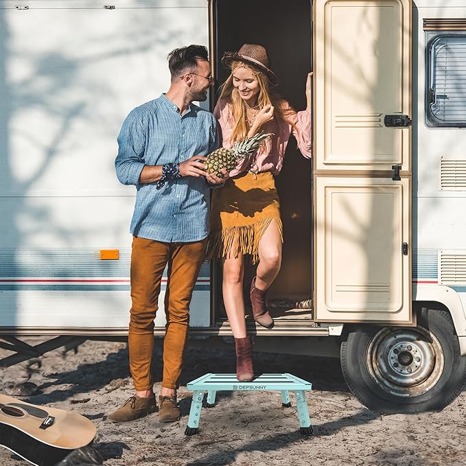 Adjustable Height Aluminum RV Step, Stable Foldable Platform Step Stool, Supports Up to 1,000 lb, Non-Slip Rubber Feet and Platform Mat, Easy to Carry (Green)