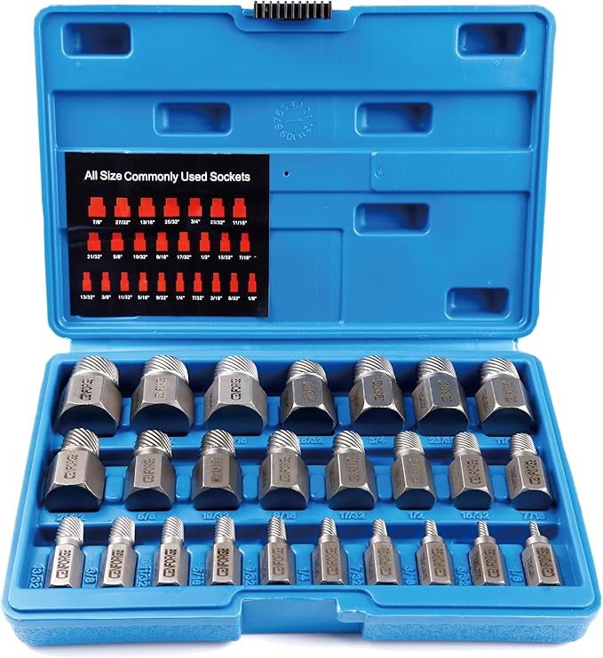 25-Piece Screw Puller Kit, Multi-Spline Hex Head, 3/8 Inch Drive Easy Removal Bolt Puller Kit for Removing Stripped, Rounded, Damaged, Broken, Screws and Bolts Removal Kit