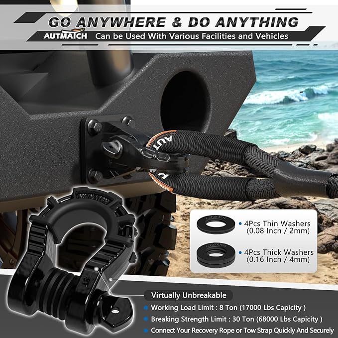 AUTMATCH D Ring Shackles 3/4" Mega Shackle (2 Pack) 68,000Ibs Break Strength - Heavy Duty Clevis Shackles with 7/8" Screw Pin and Isolator Washer for Tow Strap Winch Off Road Vehicle Recovery, Black