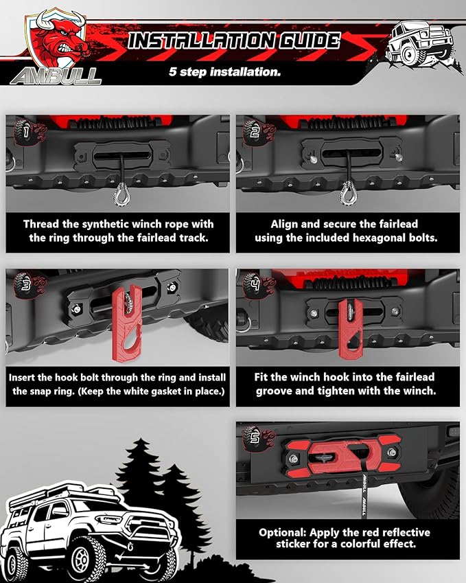 Winch Fairlead with Tow Hook, Aluminum Hawse Fairlead with Grade 80 Forged Steel Winch Hook, 33000lb Break Strength Winch Fairlead Hook Set for Off-Road Vehicle Recovery, BlackRed