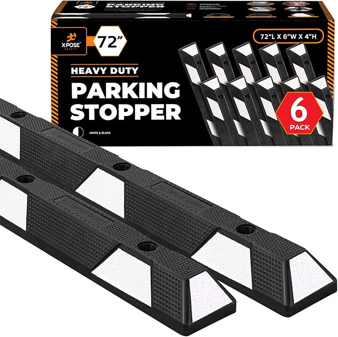 Xpose Safety 72" Heavy Duty Rubber Parking Stopper – 6 Pack Wheel Blocks for Garage, Driveway, or Ramp – Car Bumper Stop with White Reflective Strips – Removable Floor Mount
