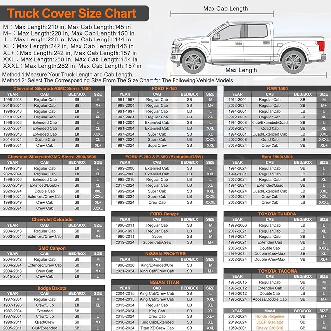 Kayme 7 Layers Truck Cover Waterproof All Weather,Universal Fit Chevy C10 S10, Ford F100, Dodge Dakota,Etc. Heavy Duty Outdoor Pickup Cover Sun Uv Rain Protection, (Length Up to 210 inch) M/Black
