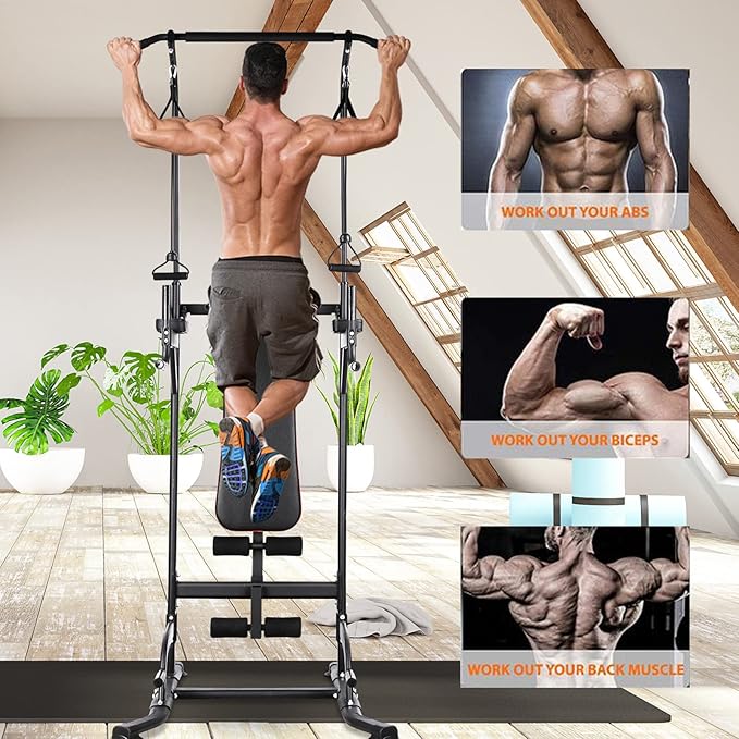 TLSUNNY Power Tower with Bench, Pull Up Bar Dip Station, Power Tower Dip Station, Training Workout Equipment, Height Adjustable Pull Up Tower w/Folding Bench 4 Ropes, Strength Training, Home Gym