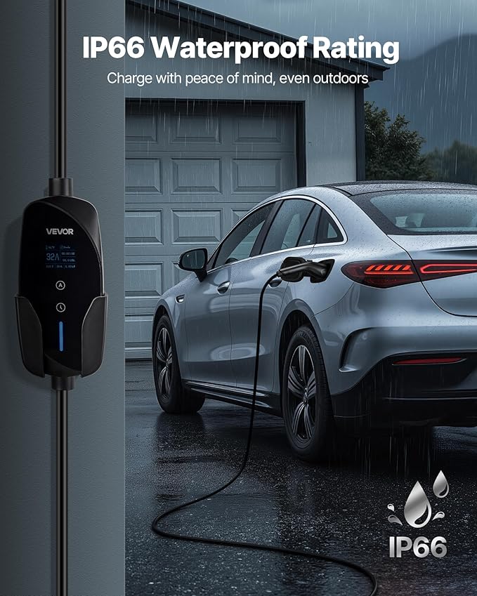 VEVOR Level 2 EV Charger, 32 Amp Adjustable Current, 240V Electric Vehicle Portable Charger with 25 ft Charging Cable, NEMA 14-50P Plug, LCD Display, Plug-in Home Car Charging Station for SAE J1772 EV