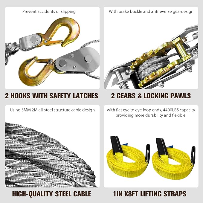Come Along Winch 2 Ton Capacity with 7.54FT Steel Cable Heavy Duty Come Along Tool with Dual Gears 2 Hooks with Two 1"x8FT Lifting Straps Hand Winch Tool for Road Vehicle Recovery and Pulling