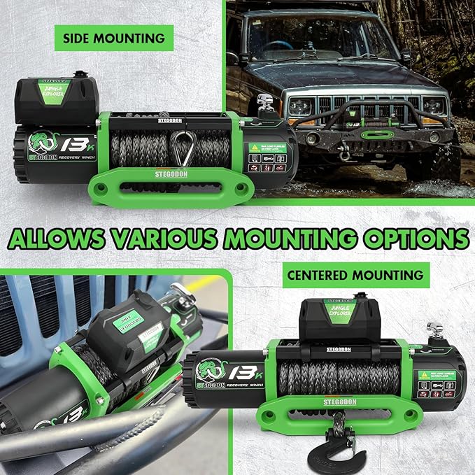 Winch 13000lb Electric Winch 12V Winch with Synthetic Rope Car Trailer Winch with Green Hawse Fairlead Wireless Remote and Wired Handle for Truck SUV Jeep