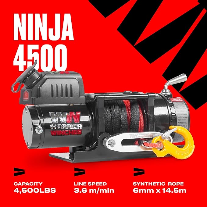 Warrior Winches Ninja 4500 lbs - Premium 12V Electric ATV/UTV Winch with Synthetic Rope, Compact and Powerful 12 Volt ATV Winch - Comes with Wireless Remote - Perfect for ATV, UTV, Boat, Trailer