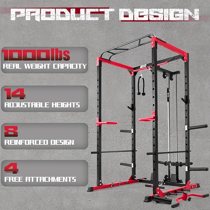 RitFit All-in-One Squat Rack for Home Gym, PPC02C Multi-Function 1000 LBS Capacity Power Cage with LAT Pulldown, Pulley System, Dip Bar, Landmine & More Power Rack Attachments, Package