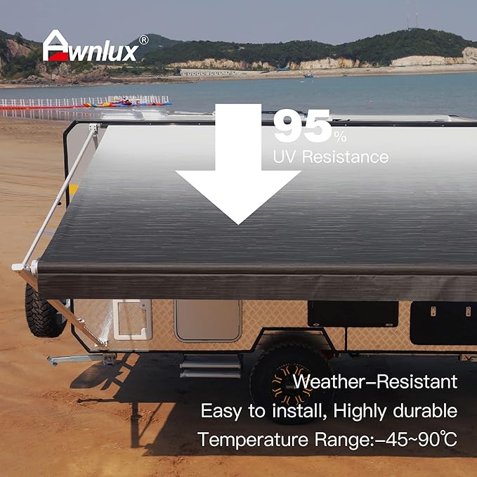 AWNLUX RV Awning Fabric Replacement Waterproof Vinyl Shade Screen for Awnings Camping Universal Fit Fabric Sun Shade UV Sun Blocker Canopy RV Awning Shade Shelter Charcoal Fade-13' (Fabric 12'2")