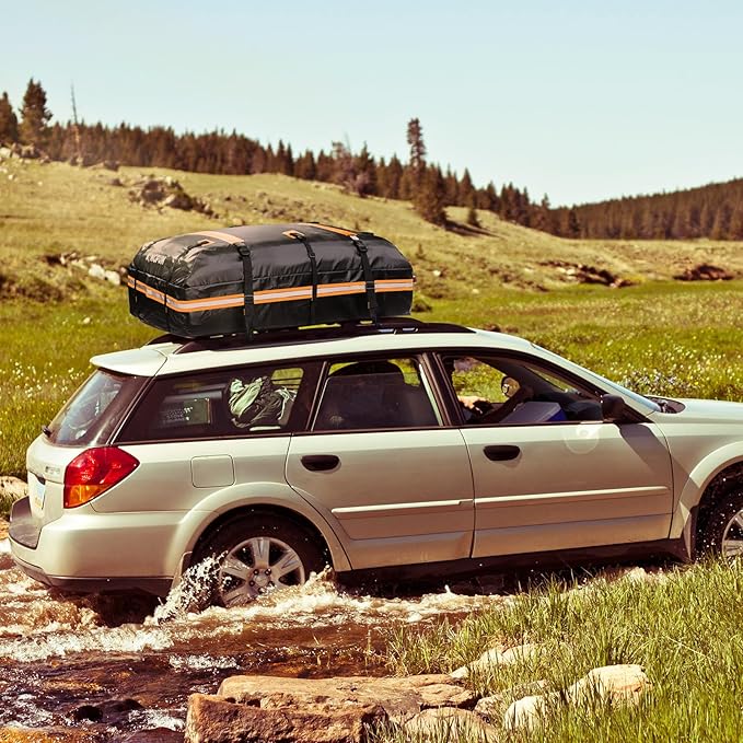 Kingfun Car Rooftop Cargo Carrier – Waterproof 15 Cubic Feet Car Roof Bag Fit All Vehicles with/Without Roof Racks, Includes Anti-Slip Mat, 8 Reinforced Straps & 6 Door Hooks, Luggage Locks