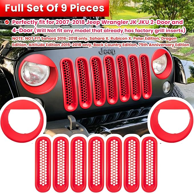 Front Grille Mesh Inserts & Headlight Cover for Jeep Wrangler JK JKU Sport Freedom Rubicon Sahara Unlimited 2007-2018 Exterior Accessories Clip-in Grille Guard Headlight Bezels Trim (Matte Red)