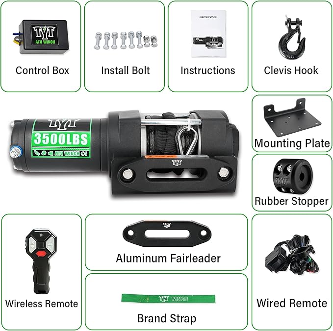 TYT 3500 lb ATV Winch, 12V DC Electric Winch with Wireless Remote and Wired Switch, 7/32"x 30FT Synthetic Winch Rope with Fairlead and Winch Mounting Plate