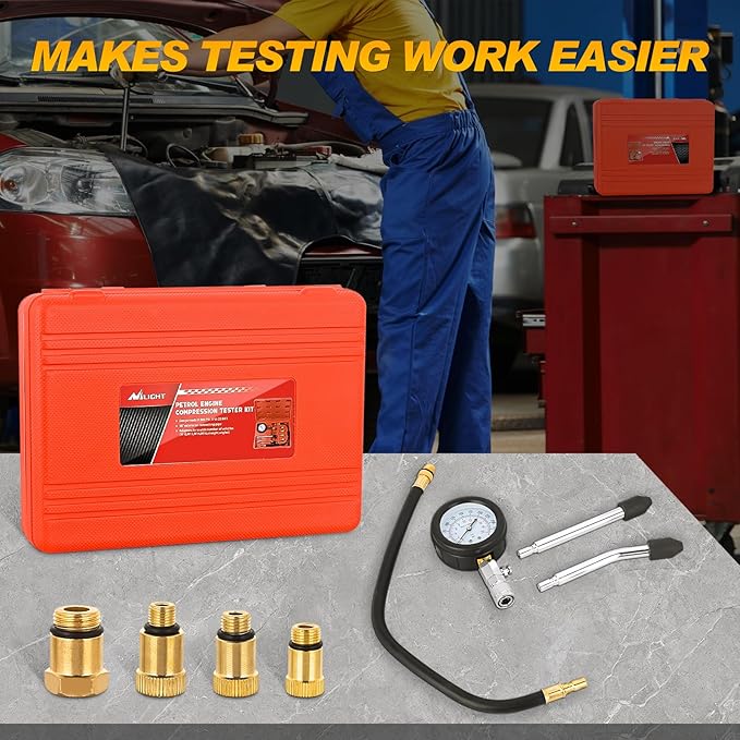 Nilight Compression Tester Kit, 8PCS Petrol Gas Engine Cylinder Pressure Gauge 0-300 PSI Automotive Tool for Cars Trucks Motorcycles
