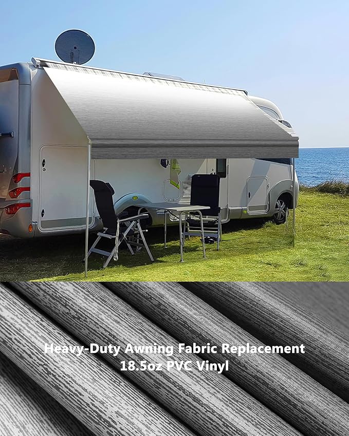 RV Awning Fabric Replacement, 18.5oz Heavy-Duty Weatherproof Vinyl Camper Awning Replacement Universal Outdoor Canopy for RV, Motorhome, Trailer Awnings (Gray Fade, 21'(Fabric 20'2"))