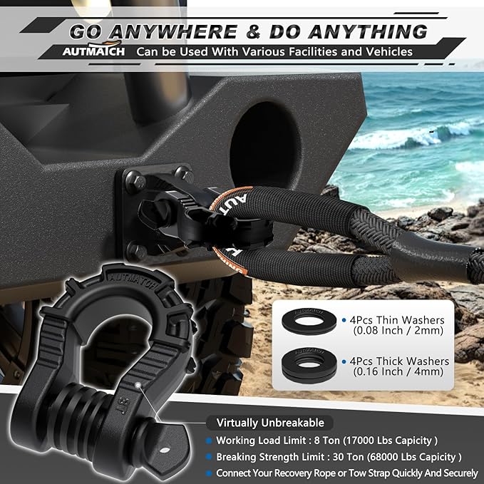 AUTMATCH D Ring Shackles 3/4" Mega Shackle (2 Pack) 68,000Ibs Break Strength - Heavy Duty Clevis Shackles 7/8" Screw Pin & Isolator Washer for Tow Strap Winch Off Road Vehicle Recovery, Frosted Black