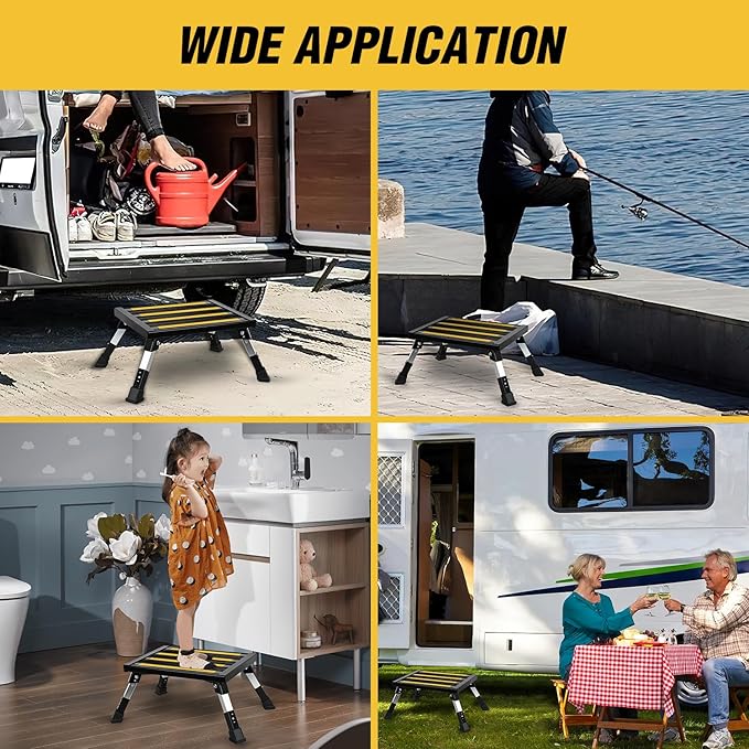 Nilight RV Steps Folding Aluminum Step Stool Heavy Duty Camper Steps, 16.5"x12" Surface, 4 Levels Adjustable Height Portable Platform Step Anti-Slip Rubber Feet Supports Up to 500lbs for Camper,Black