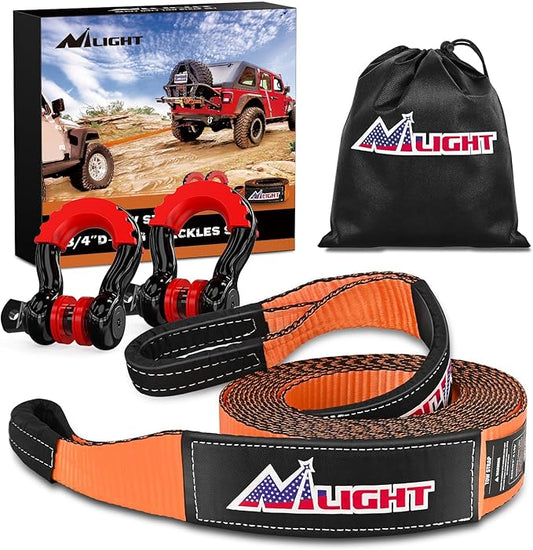 Nilight 3" x 20' Recovery Tow Strap Kit with 2Pcs 3/4" Anti-Theft D-Ring Shackles and Storage Bag Tow Rope for Car Truck SUV ATV (MBS 31500LBS)