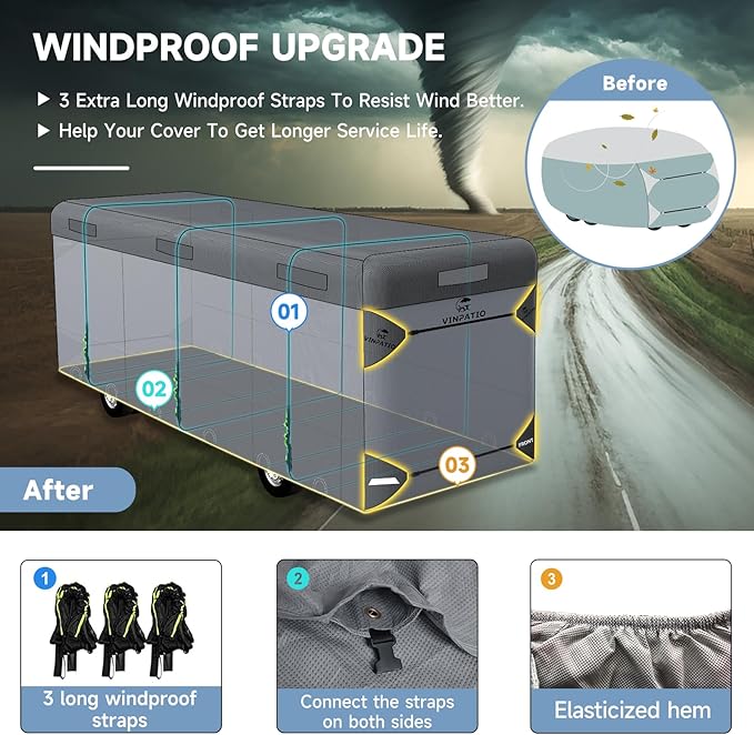 VINPATIO Class A RV Cover Extra Thick 7 Layers Top, Fits 31'-34' RV, Heavy Duty Windproof Waterproof Class A Motorhome Cover with 2 Extra Long Straps, Gutter Covers