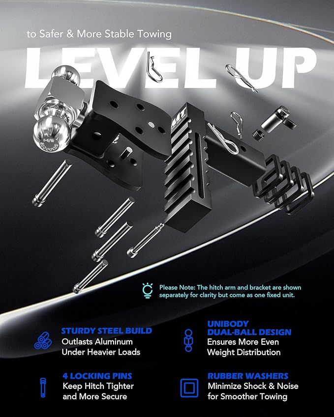 Orion Motor Tech Adjustable Trailer Hitch, Fits 2.5" Receiver, 5" Drop Hitch with 2" & 2-5/16" Balls, Anti-Theft Steel Tow Hitch Stowable Hitch Rotatable Ball Mount, 20000 lb GTW for Class V Vehicles