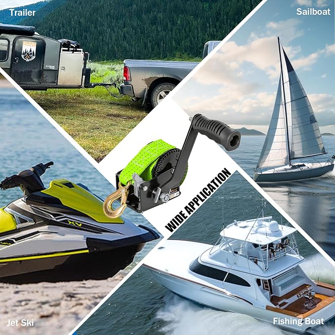 600lbs Boat Trailer Winch with 19.6FT Nylon Strap, 2-Way Ratchet & 3.2:1 Gear Hand Winch, Manual Operated Hand Crank Winch for Trailer, Boat or ATV