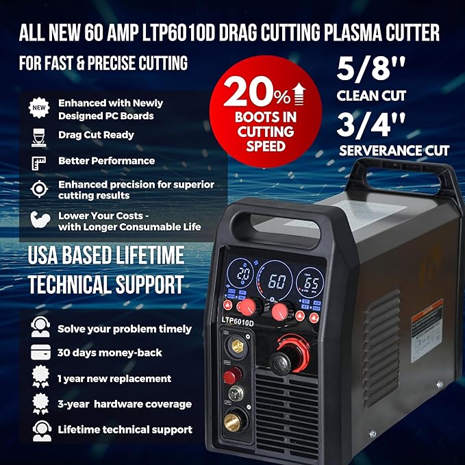 LTP6010D 60A Plasma Cutter, Drag-Cut Ready & Up to 20% Faster, 5/8" Clean (3/4" Sever), Non-Touch Pilot Arc, New-Design Torch, Dual-Voltage 110/220V, LED Panel, Front Regulator