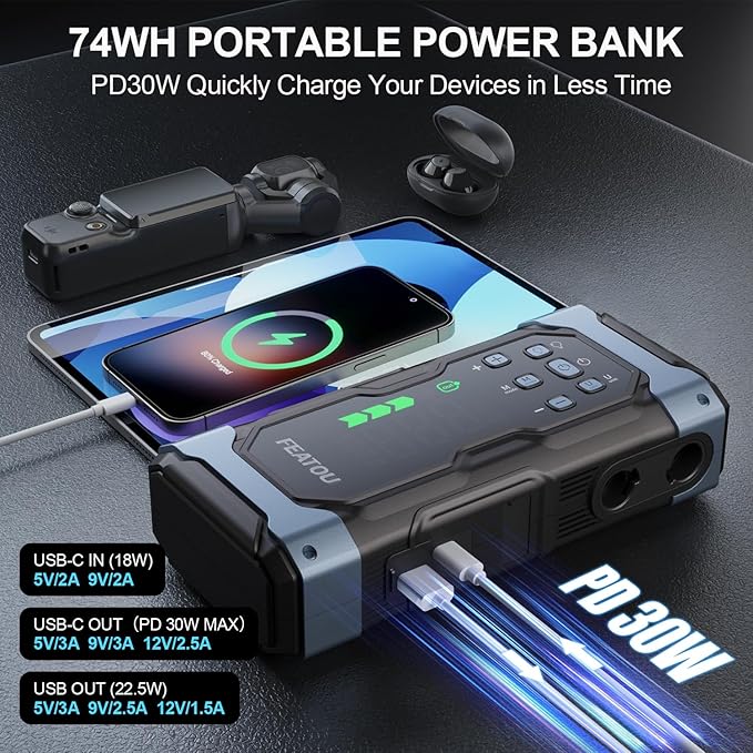 High-Power 9000A Jump Starter with Air Compressor, 12V Car Battery Jump Starter, Portable Jump Box for Car(All Gas/14L Diesel) with Tire Inflator, 30W Fast Charge, Forced Boost, Smart Battery Jumper