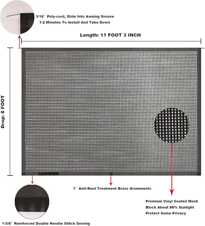 Tentproinc RV Awning Sun Shade Screen 8' X 11' 3'' (Fit for 12' Awning) Mesh Screen Sunshade Sunscreen Motorhome Camping Trailer Awning Shadescreen UV SunBlocker - 3 Year Warranty (Black)