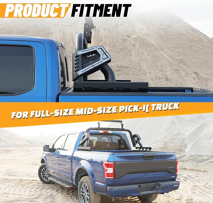 Universal Adjustable Bed Rack Roll Bar for Pickup Trucks - Compatible with Mid-Size& Full-Size Models, Q235A Carbon Steel, Powder-Coated Black Finish, Multiple Mounting Options Available