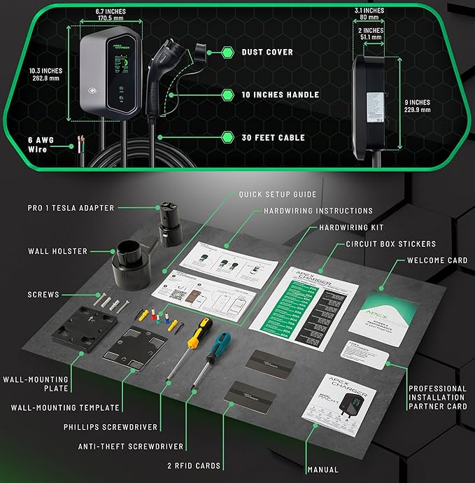MACH 1: Fast 48 Amp Level 2 EV Charger, Hardwired Wall-Mount EVSE - Electric Vehicle Charging Station with Amp Lock, 200-240V. J1772 Connector Plus Tesla NACS Adapter. Outdoor Rated & a 30ft Cable
