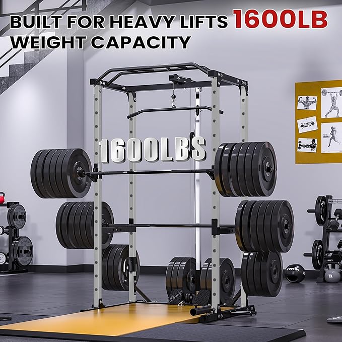 Power Rack Home Gym Package, 1600LBS Capacity Power Cage with 1.2" Diameter Multi-Grip Pull-Up Bar, LAT Pulldown System and Landmine Attachment, Gray P30