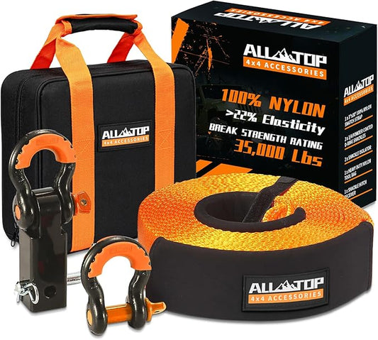 ALL-TOP Nylon Recovery Kit with Hitch Receiver: 3" x 30' (35,000lbs) 100% Nylon Snatch Strap + 2" Shackle Hitch Receiver + 3/4 HD Shackles (2pcs) with Isolator + Storage Bag