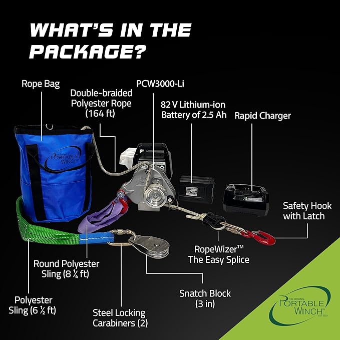 Portable Winch PCW3000-Li-A Battery-Powered Capstan Winch with Accessories - 2,200 lbs Pulling Capacity Winch, Lithium-Ion 80/82 V Batteries Powered, for Hunting, Logging, and Towing