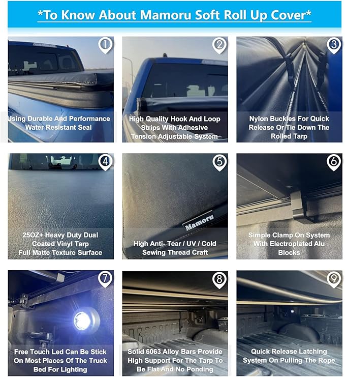 Mamoru Soft Roll Up Vinyl Tonneau Cover Compatible for 2004-2014 F-150 | 2006-2014 Lincoln Mark LT 5.5ft Bed Cover | Fleetside