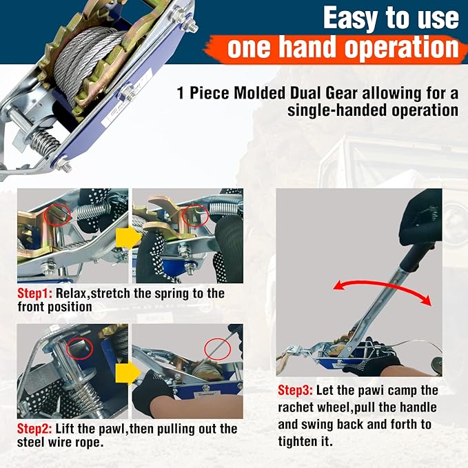 Come Along Winch - 4400 lbs/2T Pulling Capacity,12ft Steel Cable,2 Hooks,Dual Gear Power Puller,Automotive Hoist Cable Puller for Vehicle Rescue,Construction,Farm，Cable Winch Puller with Free Gloves