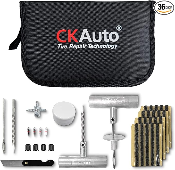 CKAuto Universal Tire Repair Kit, Heavy Duty Car Emergency Tool Kit for Flat Tire Puncture Repair, 36 Pcs Value Pack, Tire Plug Kit fit for Autos, Cars, Motorcycles, Trucks, RVs, etc.