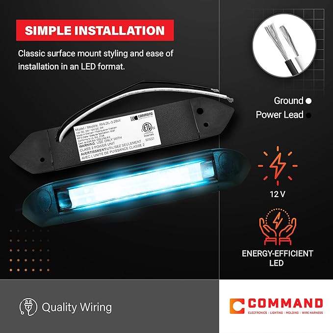 Command Electronics 12V LED Exterior Extruded Porch Light – Surface Mount Utility – IP67 Rating OEM RV, Camper, Bus, Truck, & Trailer – 8"x1.4"x1.4" – Black Case/Blue Light 2-Pack