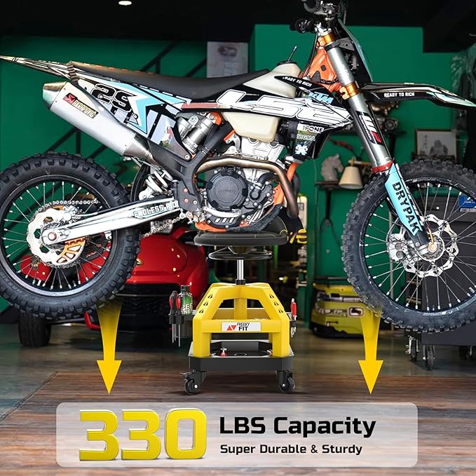 Rolling Shop Stool for Garage with Casters, DO02-Adjustable Height 360° Swivel Shop Seat with Tool Tray Storage, 330 LBS Capacity Padded Mechanic Stool, Magnetic Tool Hold, Heavy Duty,Yellow