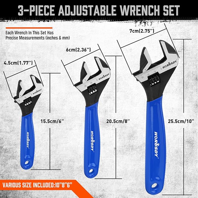 HORUSDY 3 Piece Adjustable Wrench Set, Wide Jaw Black Oxide Wrench, Metric & SAE Scales, Cr-V Steel, for Home, Garage, Workshop