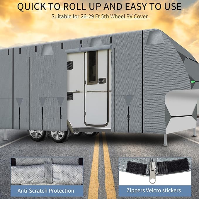 26-29ft Heavy Duty RV Cover - 5 Layers Waterproof Rip-Stop Travel Trailer 5th Wheel Camper Covers, Anti-UV Fifth Wheel Cover with 2Pcs Extra Straps & 4 Tire Covers