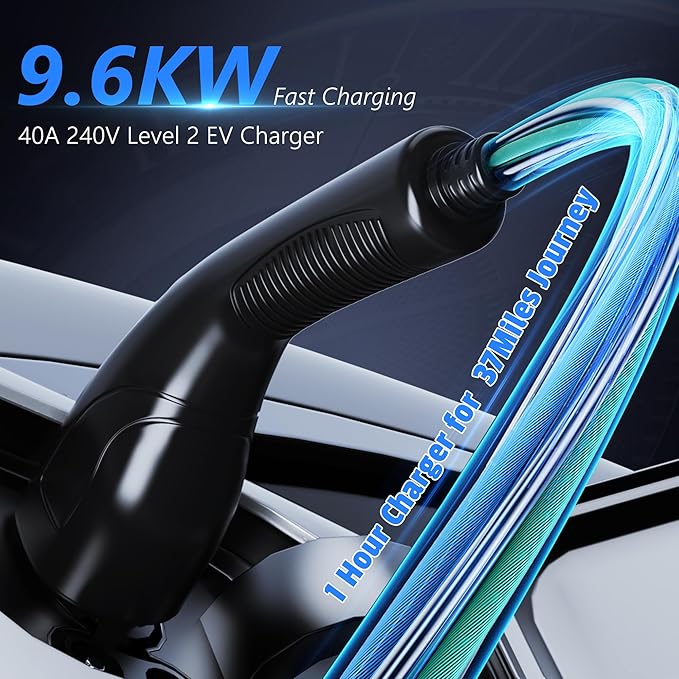 EV Charger Level 2, 40A Amp Portable EV Charger for All SAE J1772 EVs Without Adapter, 25FT+2FT Cable, 9.6KW EV Car Charging Station with App Control, Electric Vehicle Chargers(240V, NEMA14-50 Plug)