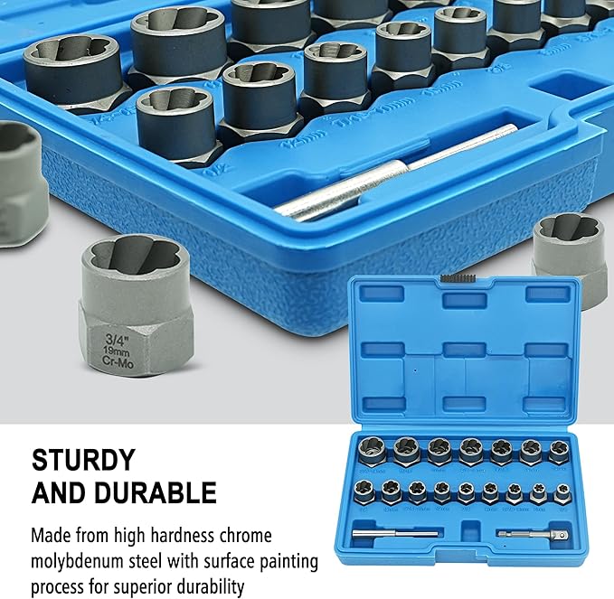 18-Piece Screw Puller Kit, Multi-Spline Hex Head, 3/8 Inch Drive Easy Removal Bolt Puller Kit for Removing Stripped, Rounded, Damaged, Broken, Screws and Bolts Removal Kit