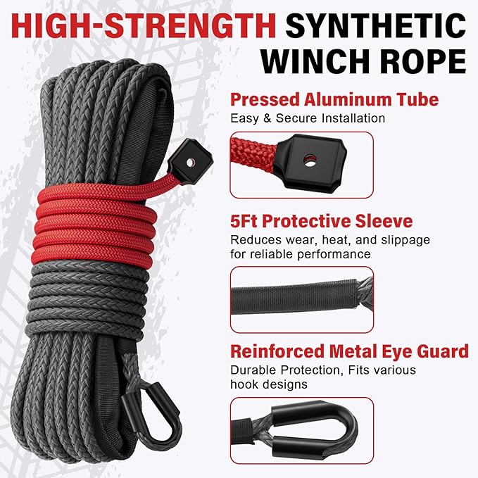 Synthetic Winch Rope Kit - 1/4" x 50' 10000 lbs Synthetic Winch Cable for ATV UTV Off-Road Vehicles with Forged Hook, Rubber Stopper, Protective Sleeve and Safety Pull Strap - Grey