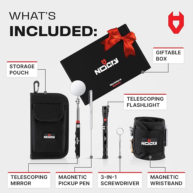 NoCry Telescoping Magnetic Pickup Tool Set for Father's Day Gift — Magnetic Wristband, Extendable Mechanic Mirror, Telescoping Pen, 360° Flexible Flashlight, 3-in-1 Screwdriver — Magnetic Tool Set