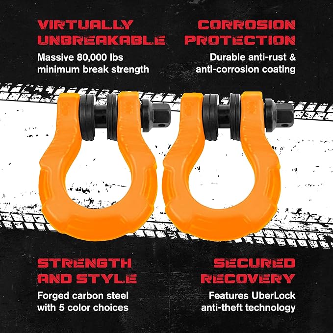 GearAmerica UBER Shackles with Anti-Theft Lock - 80,000 Lbs (40 T) Strength - Connect Tow Strap or Winch Line for Off-Road Recovery, Towing D-Rings and Uber Lock Security Pin - (Orange, 2 Pack)