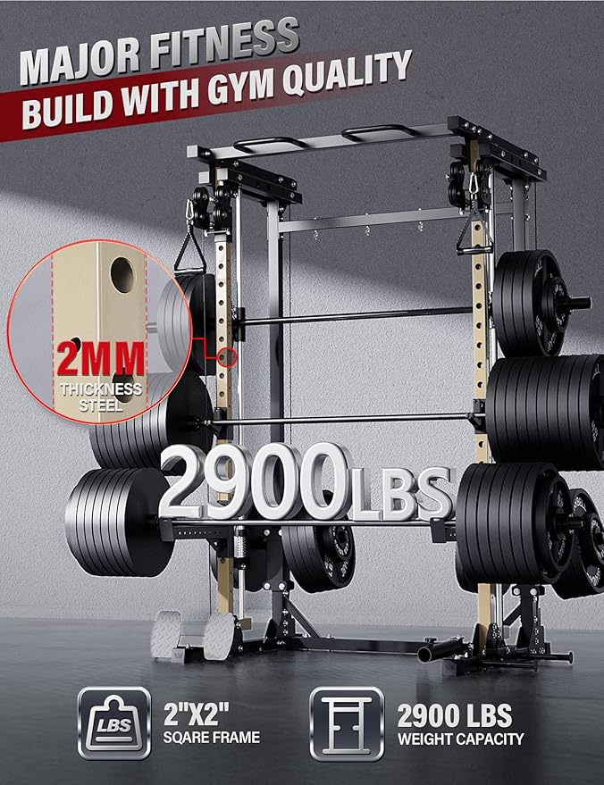 Major Fitness Drone3 Smith Machine – All-in-One Home Gym Squat Rack with Weight Bar, Cable Crossover Machine – Heavy-Duty Fitness Equipment for Strength Training and Full-Body Workouts