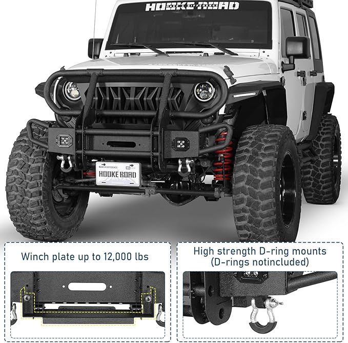 Hooke Road Wrangler Stubby Front Bumper Brush Guard Bull Bar for 2007-2018 Jeep Wrangler JK & Unlimited 2/4 Doors, Rock Crawler Tubular Offroad Bumper with Winch Plate, Lights & D-rings