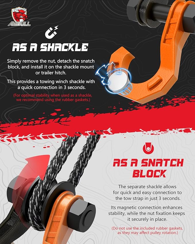 D Ring Separate Shackle with Snatch Block 2 Set, 3/4" Shackles w/Snatch Block Pulley, Heavy Duty Shackle for Towing Winch, Pulley for Off-Road Vehicle Recovery, Truck, ATV, UTV, BlackOrange