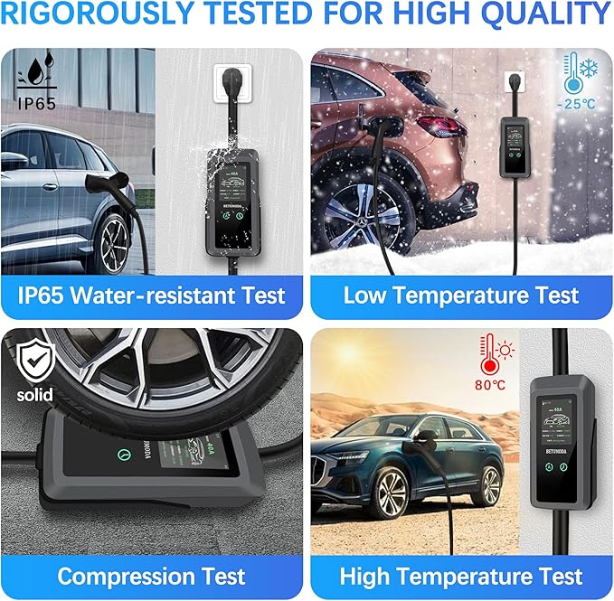 Portable Level 1&2 EV Charger, 40 A, Portable Charger for Home and J1772, 25ft Cable, Charging Stations with LED Display, NEMA14-50 Plugand NEMA 5-15 Adapter, Current Adjustable. (Tesla Need Adapter)