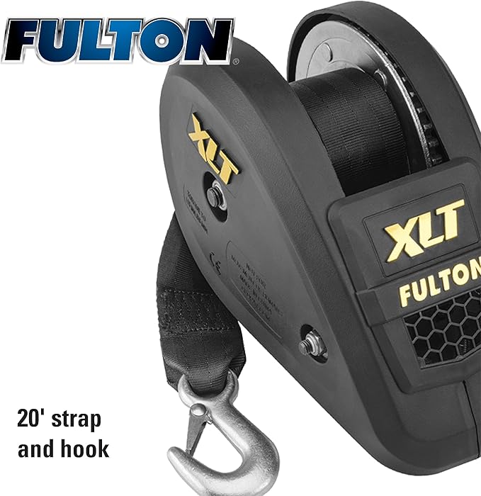 Fulton 142314 XLT Boat Trailer Winch with 20 Foot Winch Strap with Hook, 1,800 lbs. Capacity, Single-Speed Hand Crank Winch, Solid Drum Gear System