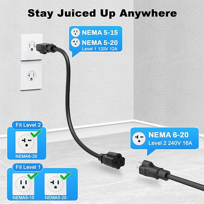 Level 1 and 2 Portable Ev Charger 16A, Electric Car Charger J1772 with 25ft Cable, Electric Vehicle Charging Stations Outdoor with Nema 6-20 Plug and Nema 5-15 Adapter, EV Chargers for Home 110v-240v